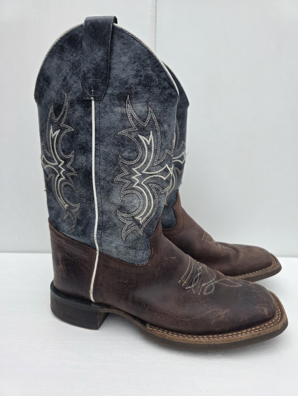 Old West Square Toe Western Leather Boots Blue Brown Youth Size 5D
